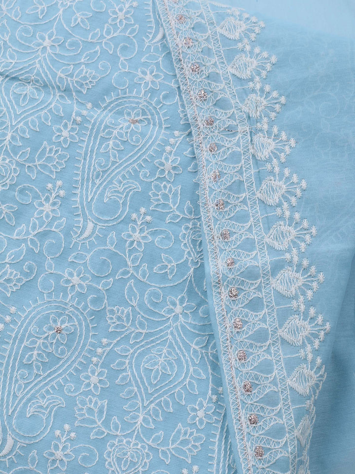 Sky Blue Embroidered Chanderi Unstitched Suit &amp; Pant With Cotton Dupatta