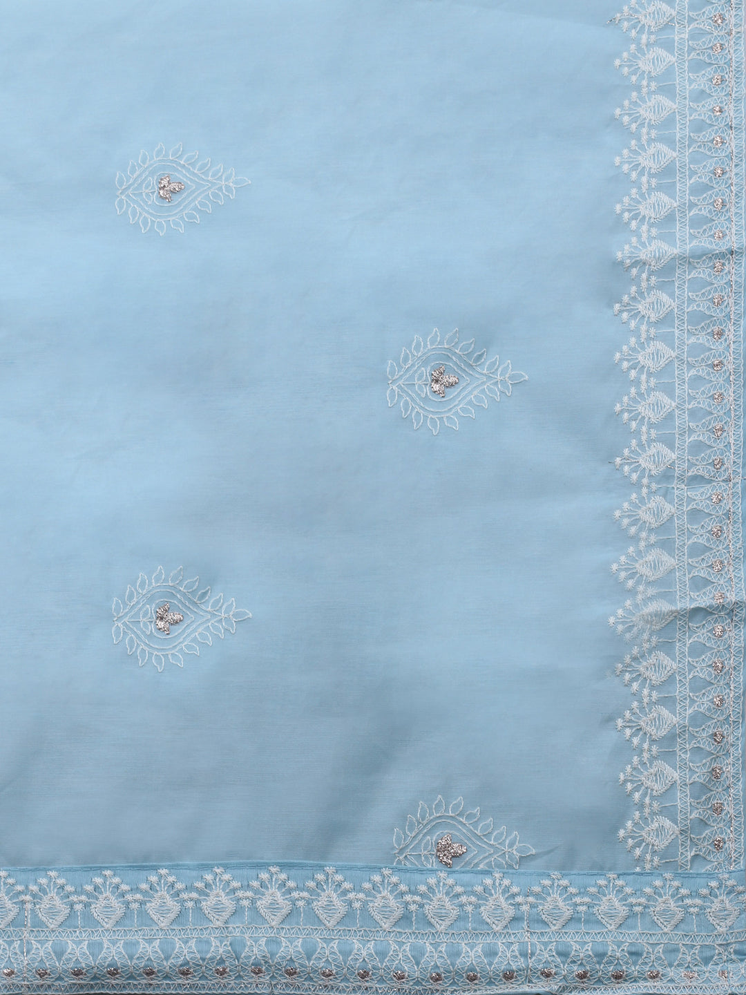 Sky Blue Embroidered Chanderi Unstitched Suit &amp; Pant With Cotton Dupatta