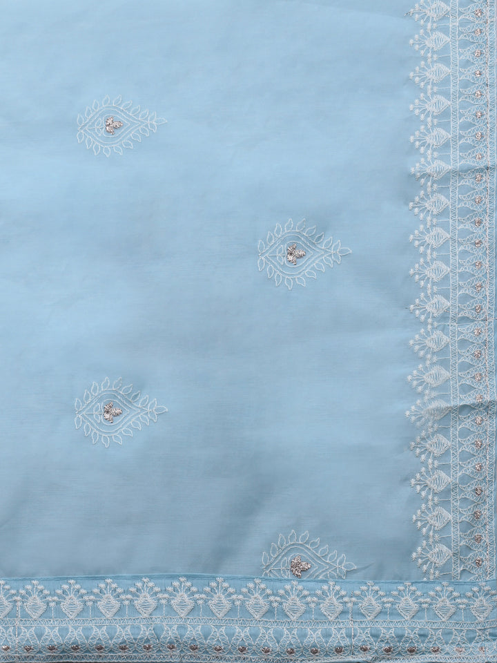 Sky Blue Embroidered Chanderi Unstitched Suit &amp; Pant With Cotton Dupatta