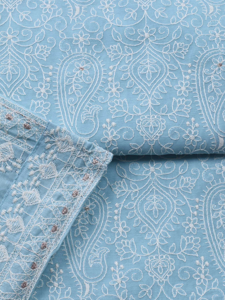 Sky Blue Embroidered Chanderi Unstitched Suit &amp; Pant With Cotton Dupatta