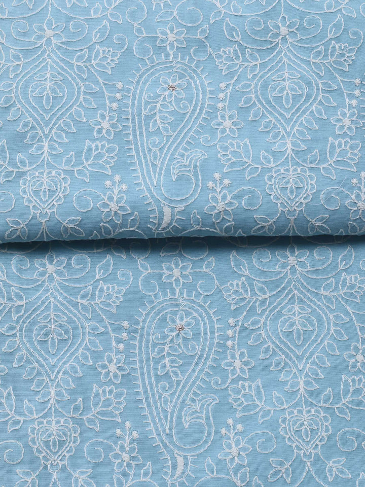 Sky Blue Embroidered Chanderi Unstitched Suit &amp; Pant With Cotton Dupatta