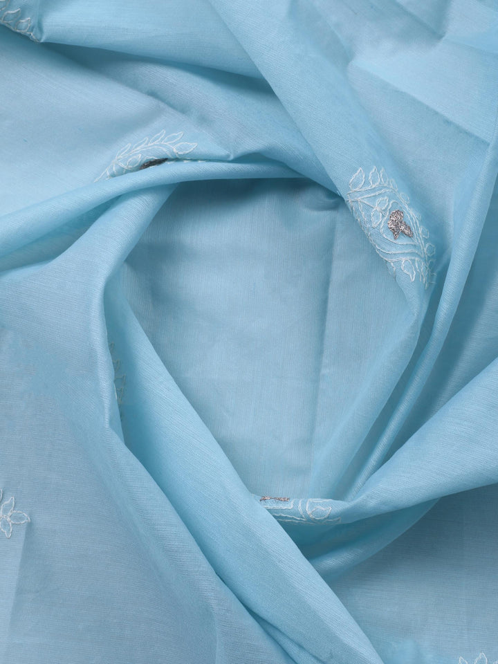 Sky Blue Embroidered Chanderi Unstitched Suit &amp; Pant With Cotton Dupatta
