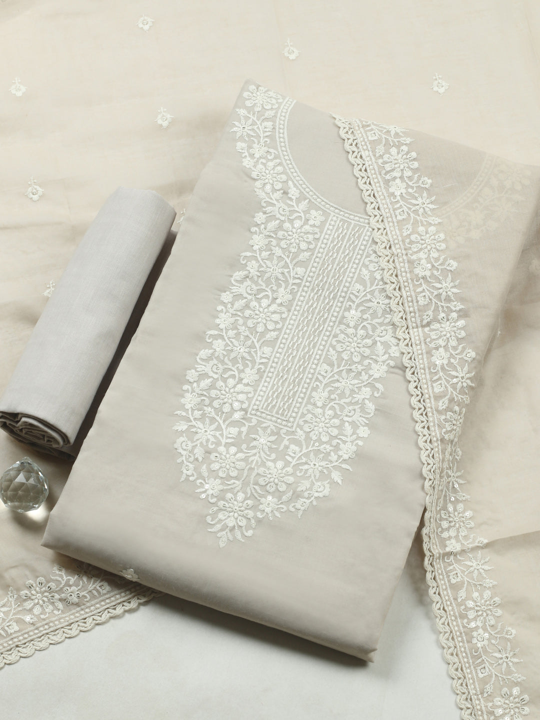 Beige Embroidered Cotton Blend Unstitched Suit &amp; Pant With Cotton Dupatta