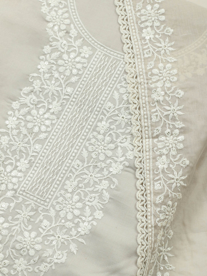Beige Embroidered Cotton Blend Unstitched Suit &amp; Pant With Cotton Dupatta
