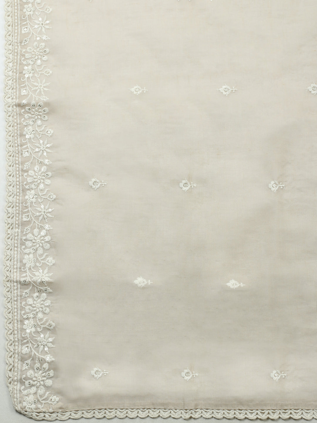 Beige Embroidered Cotton Blend Unstitched Suit &amp; Pant With Cotton Dupatta