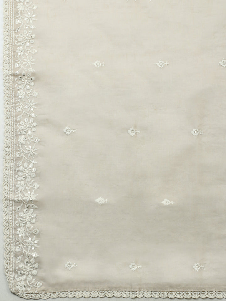 Beige Embroidered Cotton Blend Unstitched Suit &amp; Pant With Cotton Dupatta