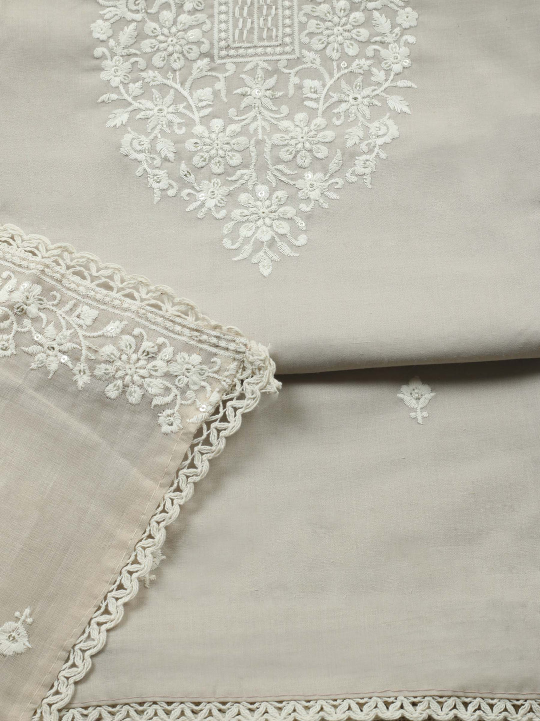 Beige Embroidered Cotton Blend Unstitched Suit &amp; Pant With Cotton Dupatta