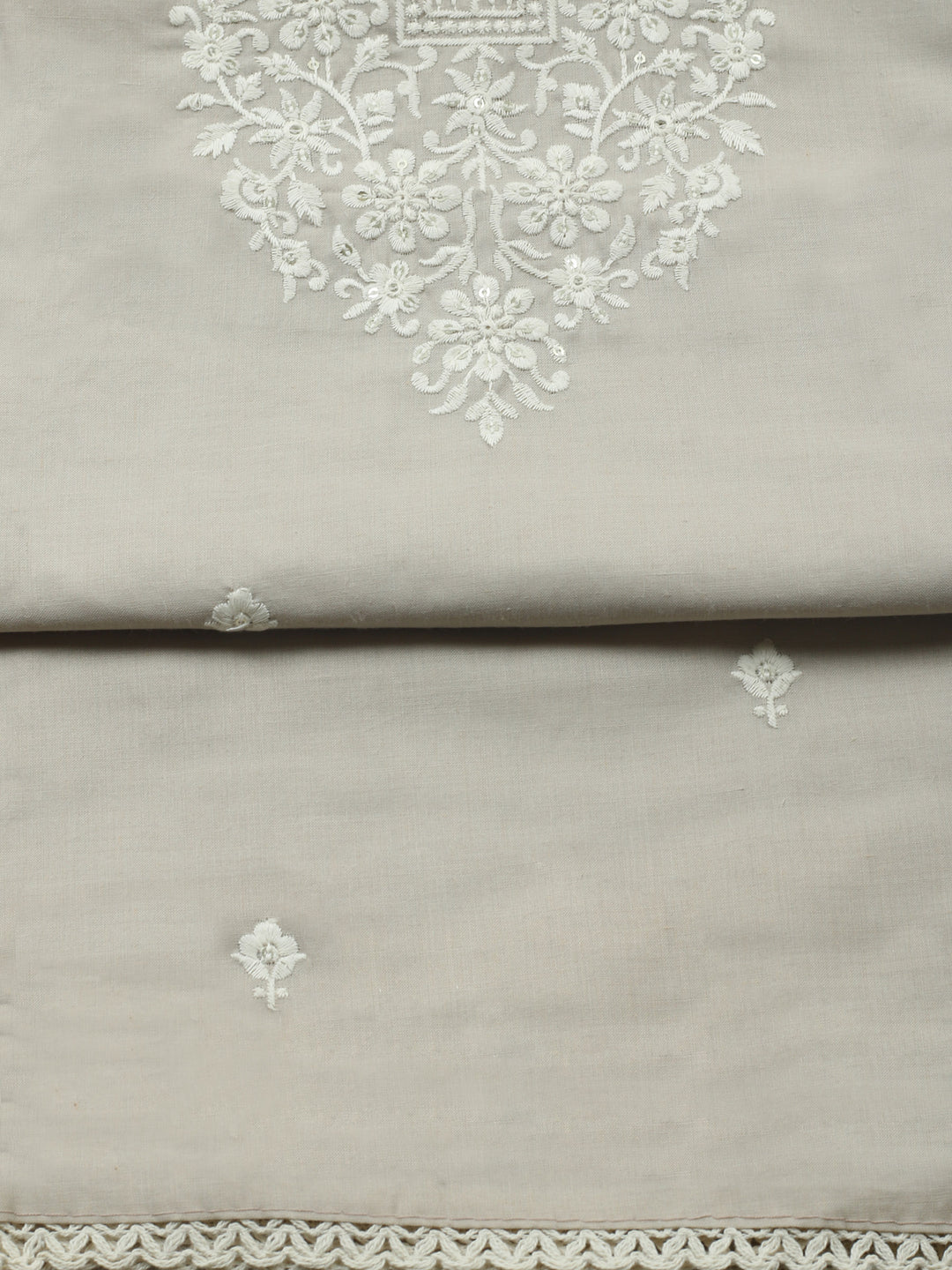 Beige Embroidered Cotton Blend Unstitched Suit &amp; Pant With Cotton Dupatta