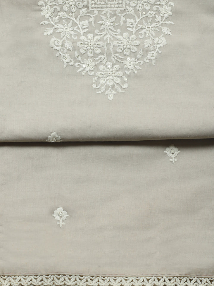 Beige Embroidered Cotton Blend Unstitched Suit &amp; Pant With Cotton Dupatta