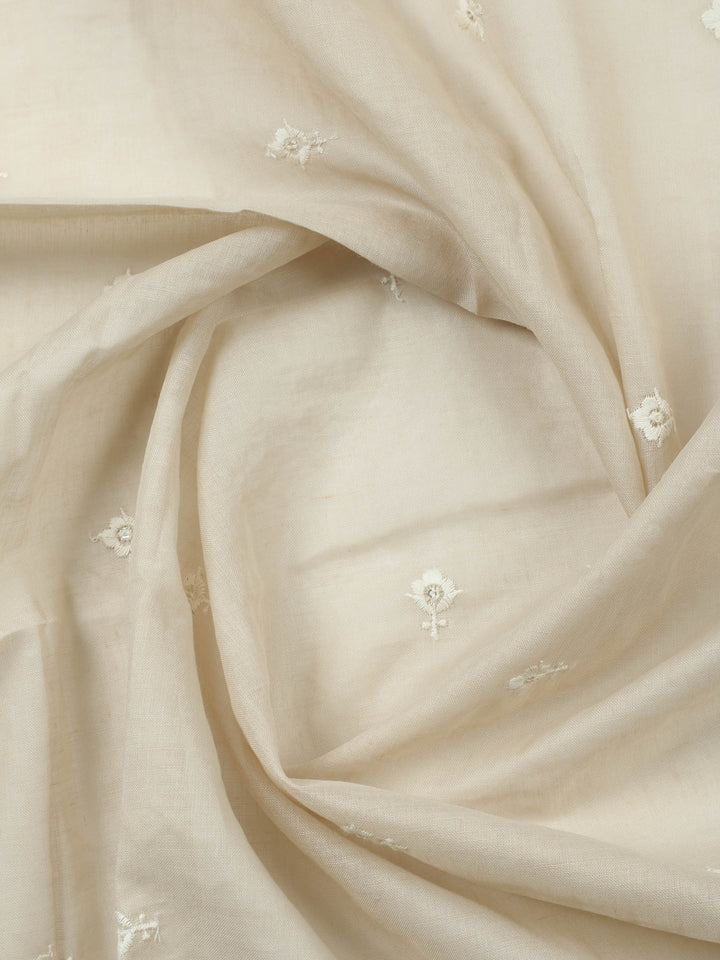 Beige Embroidered Cotton Blend Unstitched Suit &amp; Pant With Cotton Dupatta
