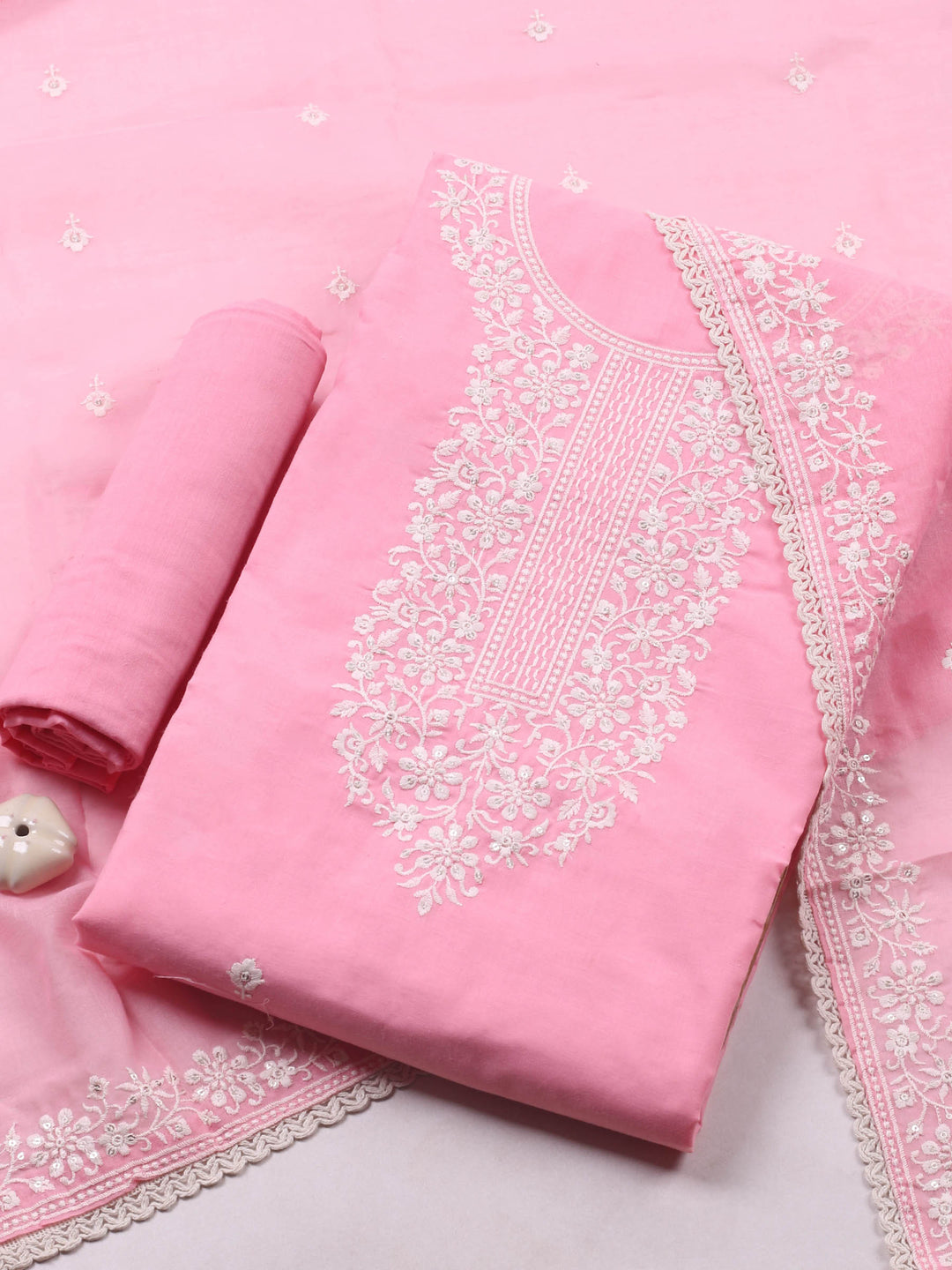 Pink Embroidered Cotton Blend Unstitched Suit &amp; Pant With Cotton Dupatta