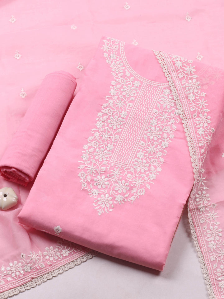 Pink Embroidered Cotton Blend Unstitched Suit &amp; Pant With Cotton Dupatta