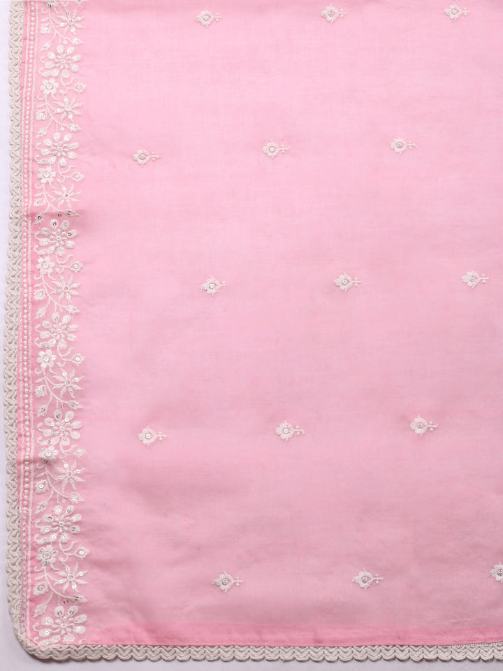 Pink Embroidered Cotton Blend Unstitched Suit &amp; Pant With Cotton Dupatta