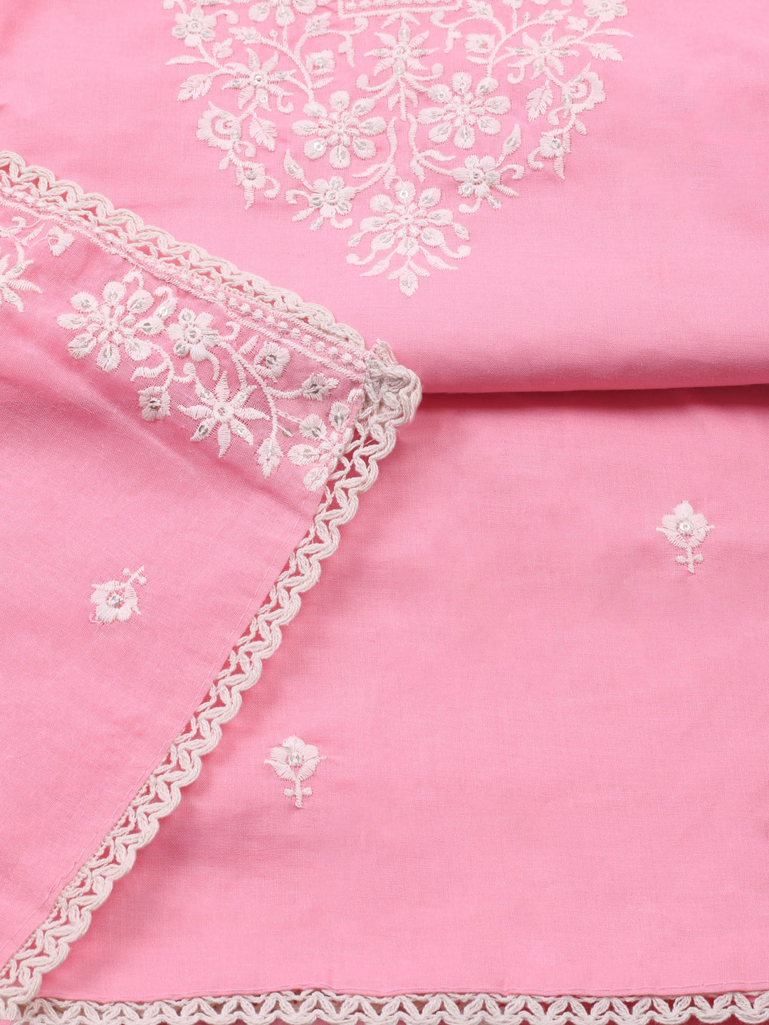 Pink Embroidered Cotton Blend Unstitched Suit &amp; Pant With Cotton Dupatta