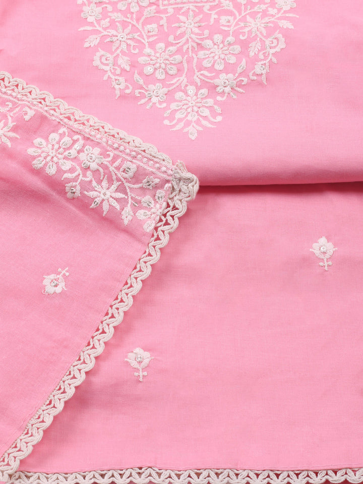 Pink Embroidered Cotton Blend Unstitched Suit &amp; Pant With Cotton Dupatta