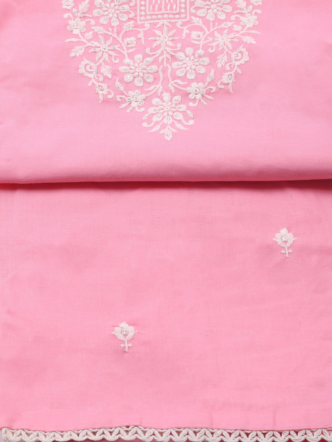 Pink Embroidered Cotton Blend Unstitched Suit &amp; Pant With Cotton Dupatta
