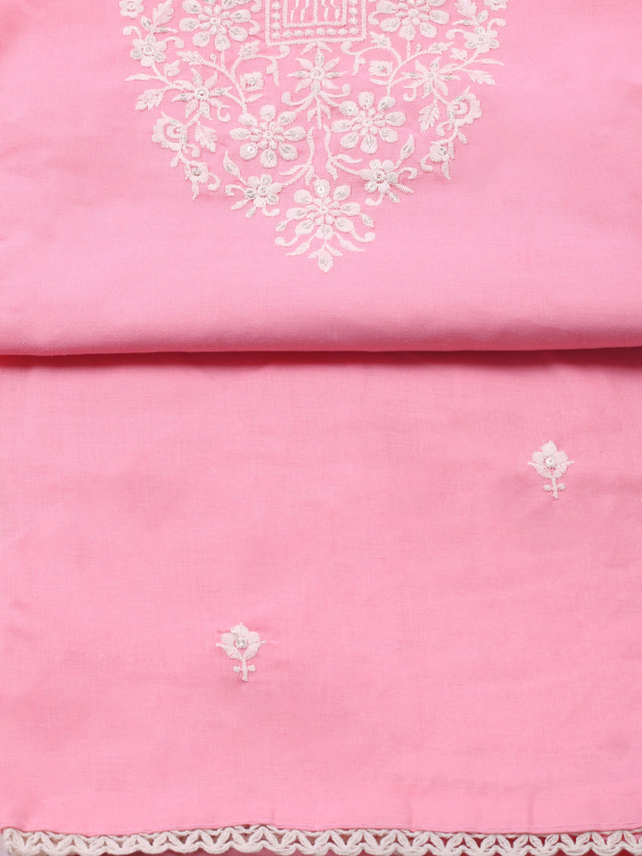 Pink Embroidered Cotton Blend Unstitched Suit &amp; Pant With Cotton Dupatta
