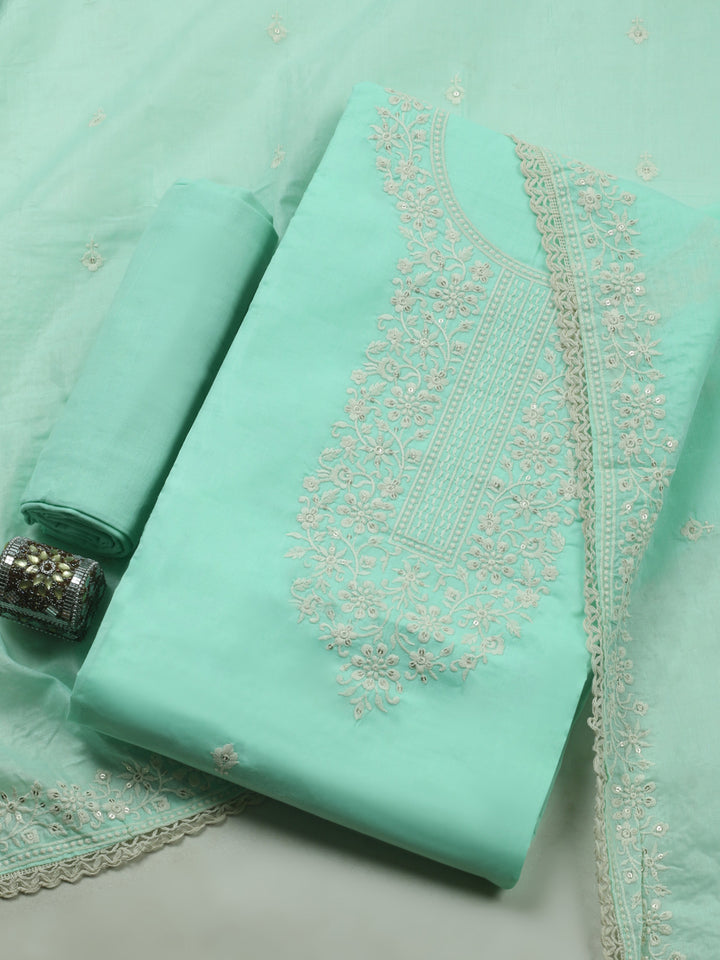 Sea Green Embroidered Cotton Blend Unstitched Suit &amp; Pant With Cotton Dupatta