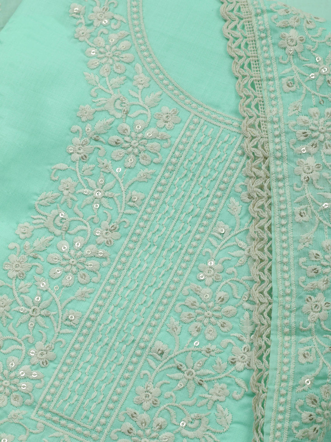 Sea Green Embroidered Cotton Blend Unstitched Suit &amp; Pant With Cotton Dupatta