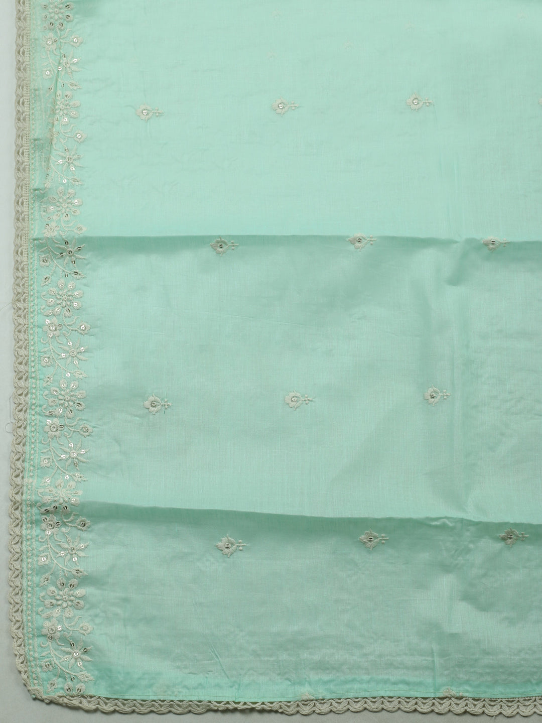 Sea Green Embroidered Cotton Blend Unstitched Suit &amp; Pant With Cotton Dupatta