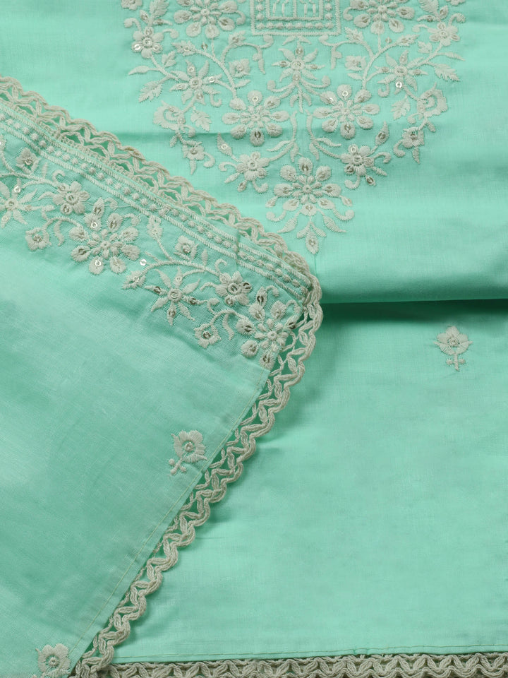 Sea Green Embroidered Cotton Blend Unstitched Suit &amp; Pant With Cotton Dupatta