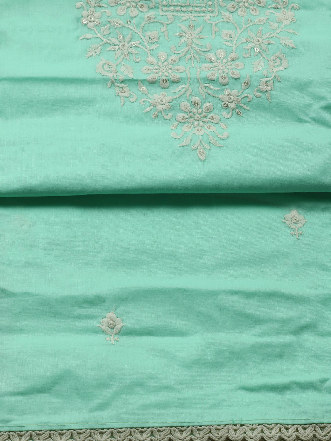 Sea Green Embroidered Cotton Blend Unstitched Suit &amp; Pant With Cotton Dupatta