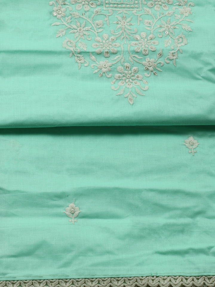 Sea Green Embroidered Cotton Blend Unstitched Suit &amp; Pant With Cotton Dupatta