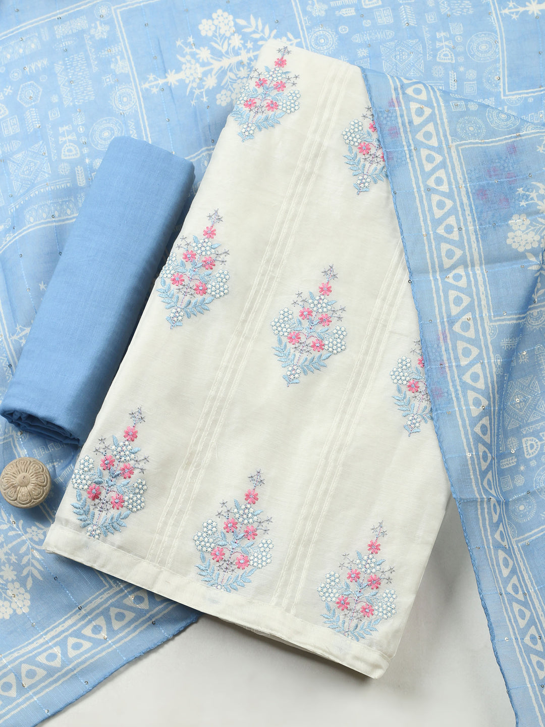 Cream-Blue Embroidered Cotton Blend Unstitched Suit &amp; Pant With Cotton Dupatta