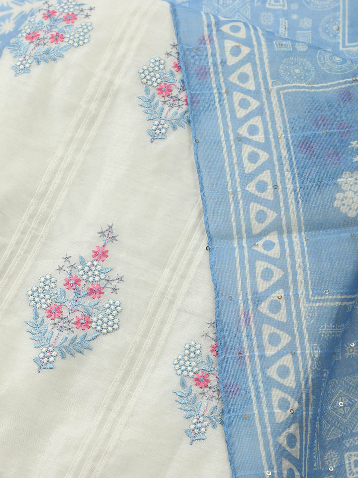 Cream-Blue Embroidered Cotton Blend Unstitched Suit &amp; Pant With Cotton Dupatta