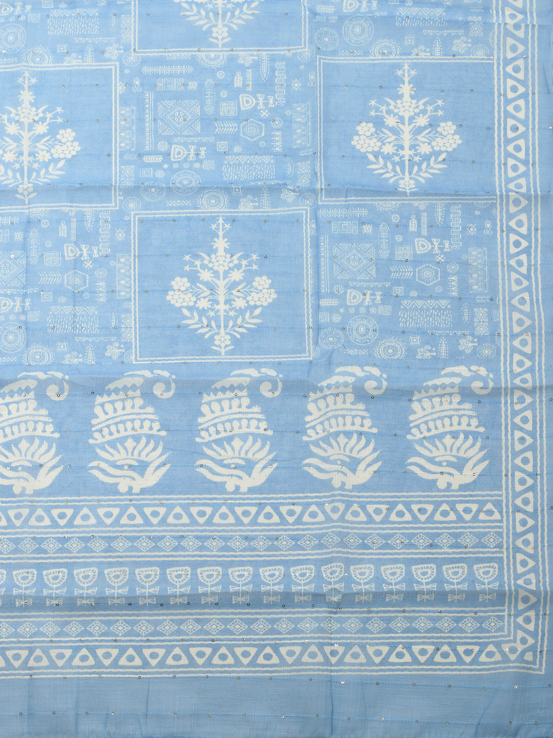 Cream-Blue Embroidered Cotton Blend Unstitched Suit &amp; Pant With Cotton Dupatta