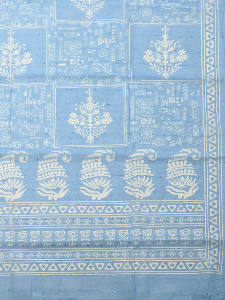 Cream-Blue Embroidered Cotton Blend Unstitched Suit &amp; Pant With Cotton Dupatta