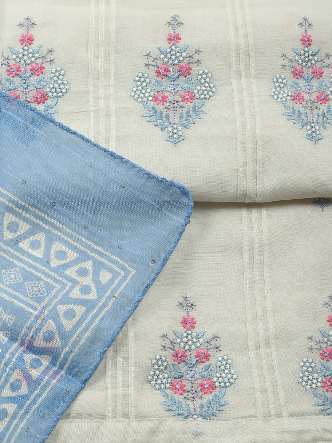 Cream-Blue Embroidered Cotton Blend Unstitched Suit &amp; Pant With Cotton Dupatta