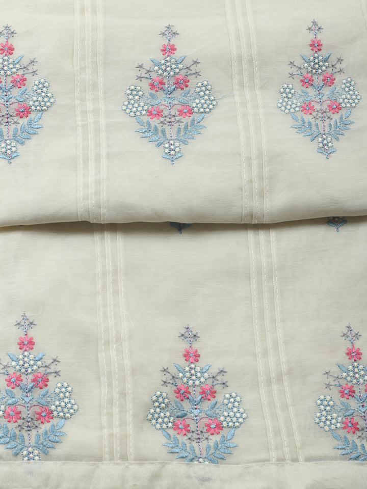 Cream-Blue Embroidered Cotton Blend Unstitched Suit &amp; Pant With Cotton Dupatta