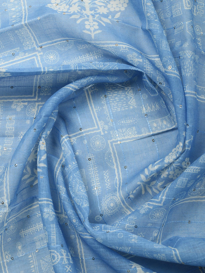 Cream-Blue Embroidered Cotton Blend Unstitched Suit &amp; Pant With Cotton Dupatta