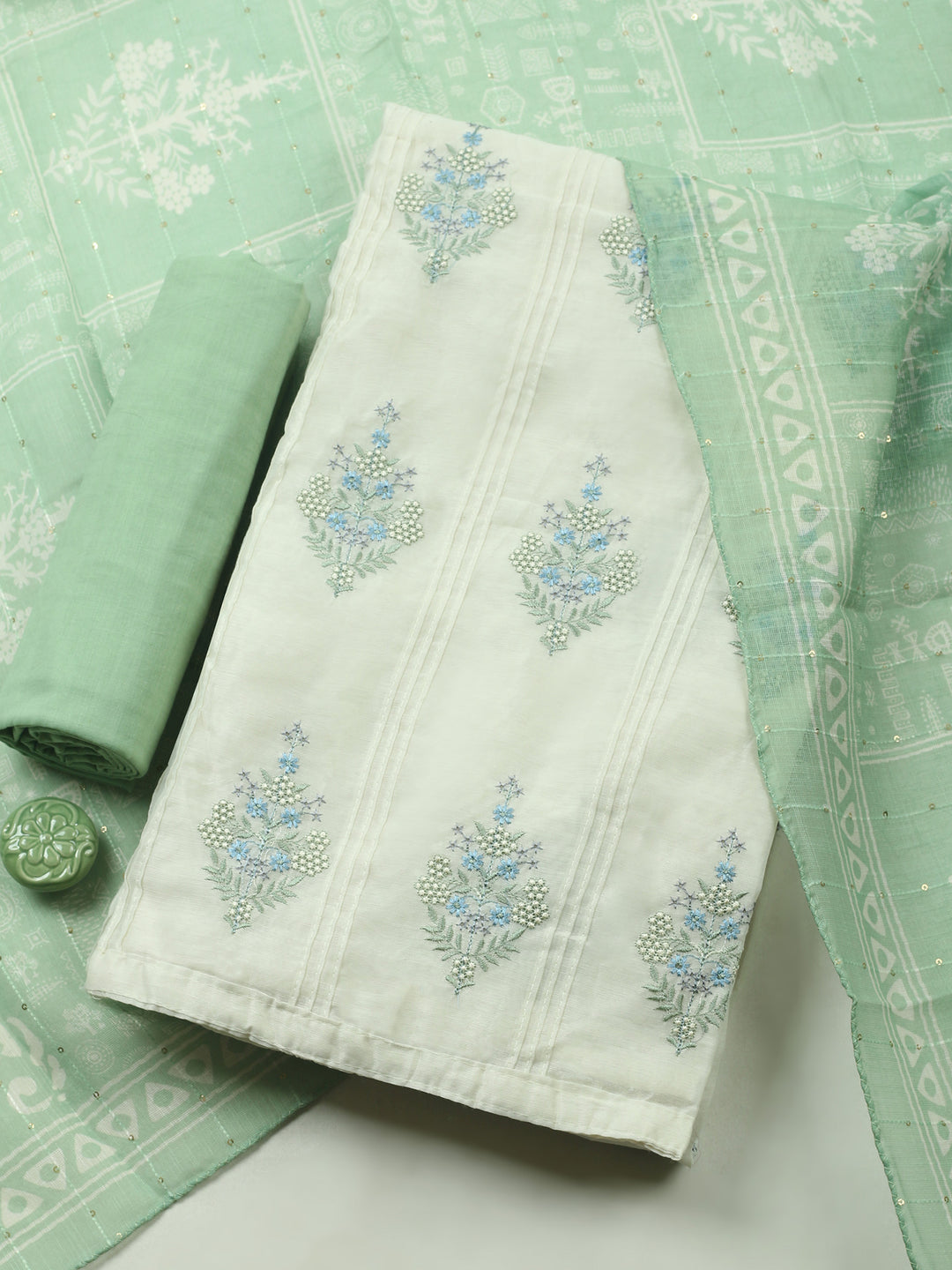 Cream-Green Embroidered Cotton Blend Unstitched Suit &amp; Pant With Cotton Dupatta