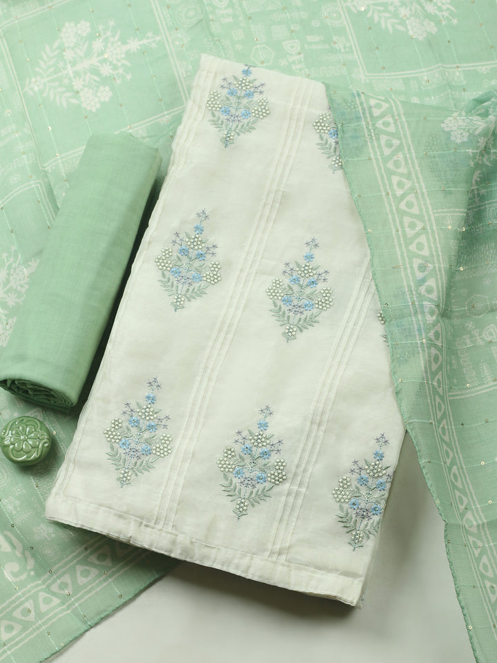 Cream-Green Embroidered Cotton Blend Unstitched Suit &amp; Pant With Cotton Dupatta