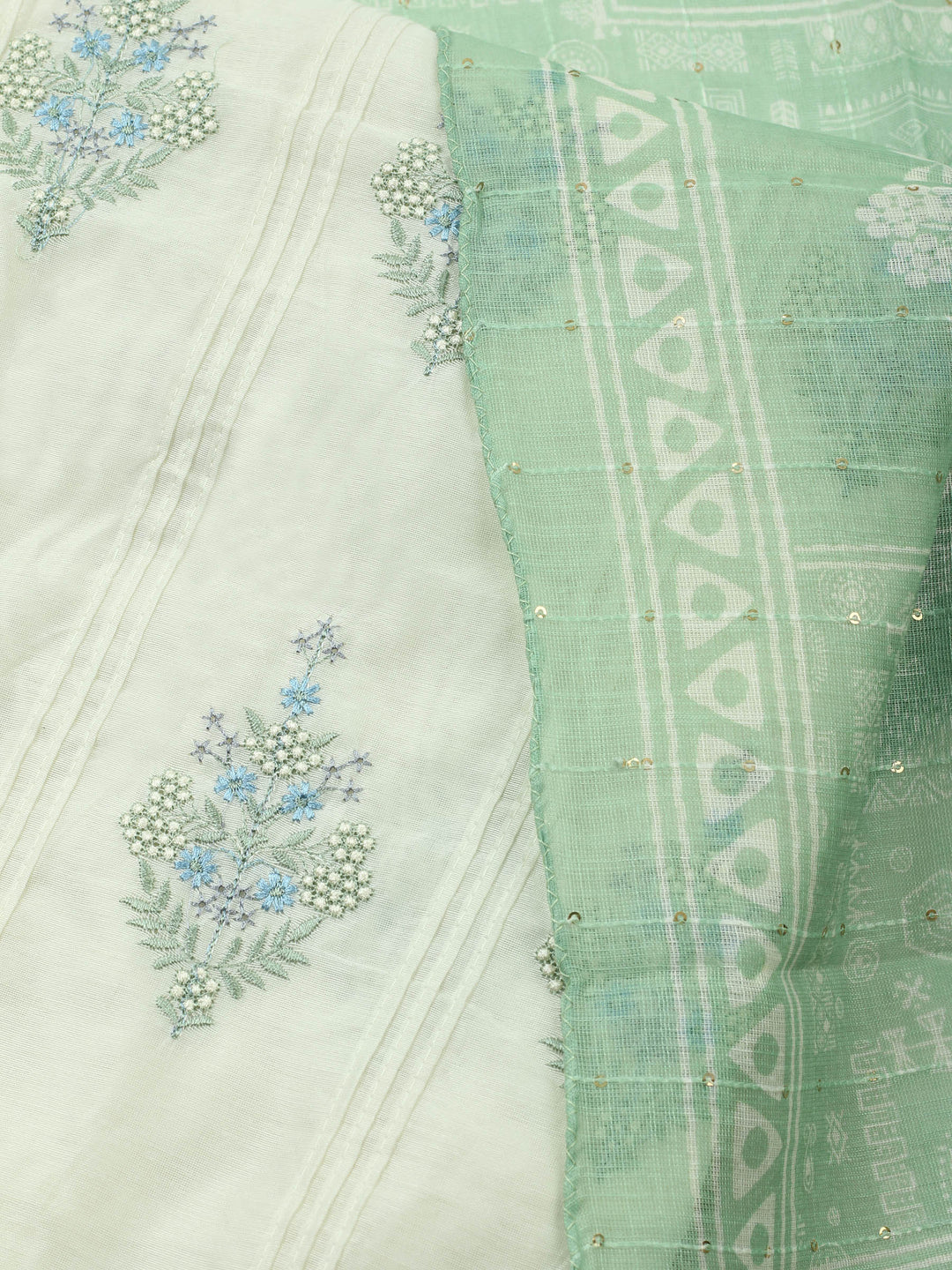 Cream-Green Embroidered Cotton Blend Unstitched Suit &amp; Pant With Cotton Dupatta