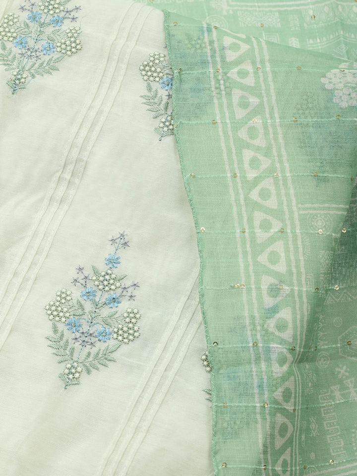Cream-Green Embroidered Cotton Blend Unstitched Suit &amp; Pant With Cotton Dupatta