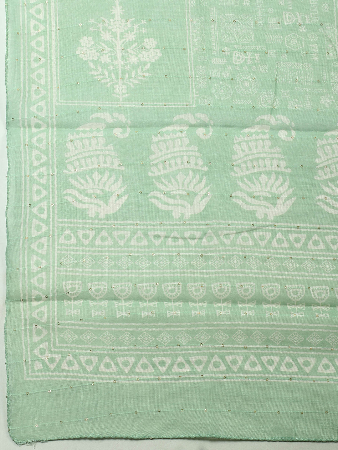 Cream-Green Embroidered Cotton Blend Unstitched Suit &amp; Pant With Cotton Dupatta