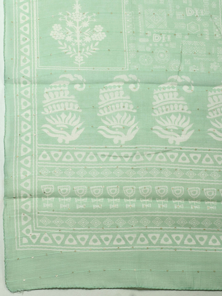 Cream-Green Embroidered Cotton Blend Unstitched Suit &amp; Pant With Cotton Dupatta