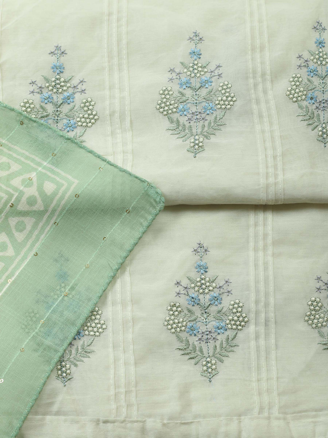 Cream-Green Embroidered Cotton Blend Unstitched Suit &amp; Pant With Cotton Dupatta