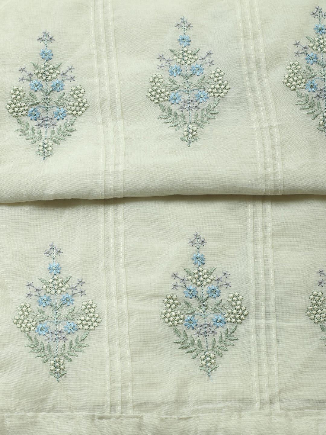 Cream-Green Embroidered Cotton Blend Unstitched Suit &amp; Pant With Cotton Dupatta