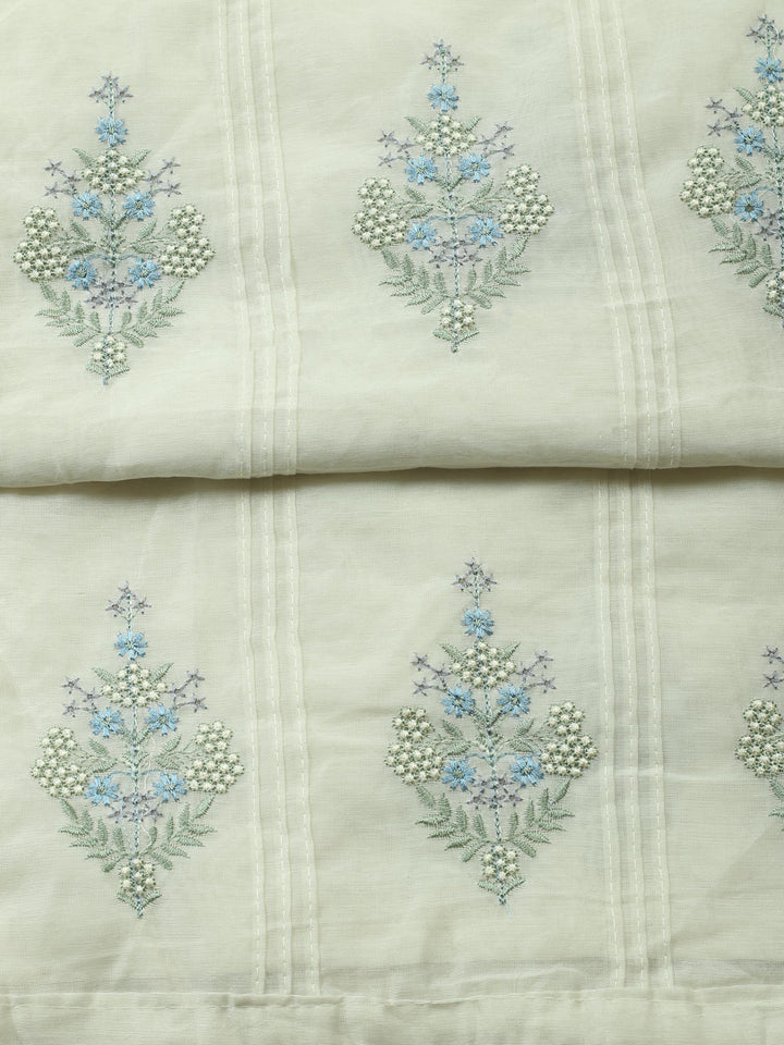Cream-Green Embroidered Cotton Blend Unstitched Suit &amp; Pant With Cotton Dupatta