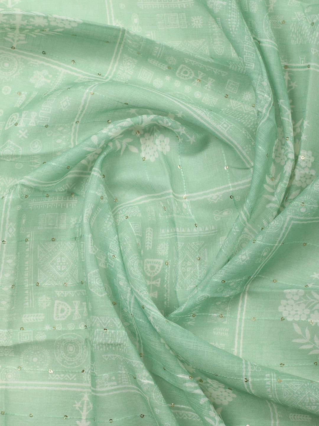 Cream-Green Embroidered Cotton Blend Unstitched Suit &amp; Pant With Cotton Dupatta