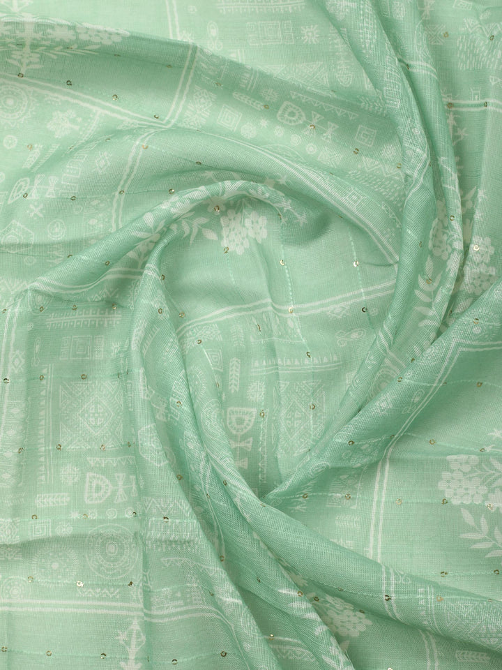 Cream-Green Embroidered Cotton Blend Unstitched Suit &amp; Pant With Cotton Dupatta