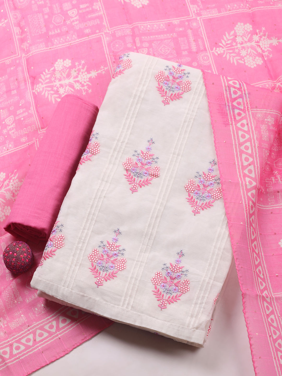 Cream-Pink Embroidered Cotton Blend Unstitched Suit &amp; Pant With Cotton Dupatta