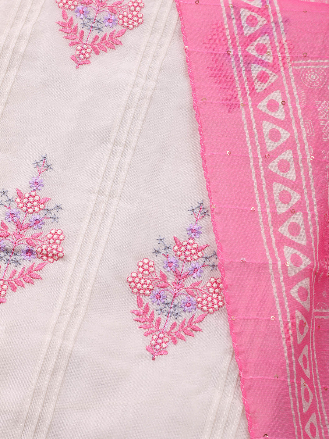 Cream-Pink Embroidered Cotton Blend Unstitched Suit &amp; Pant With Cotton Dupatta