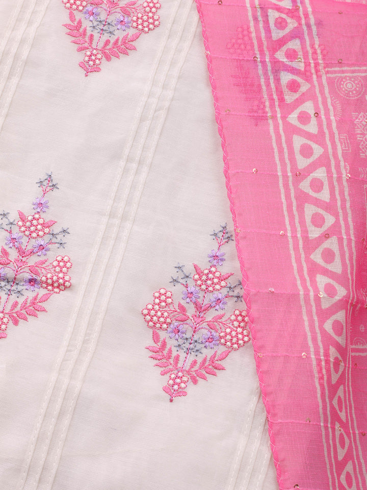 Cream-Pink Embroidered Cotton Blend Unstitched Suit &amp; Pant With Cotton Dupatta