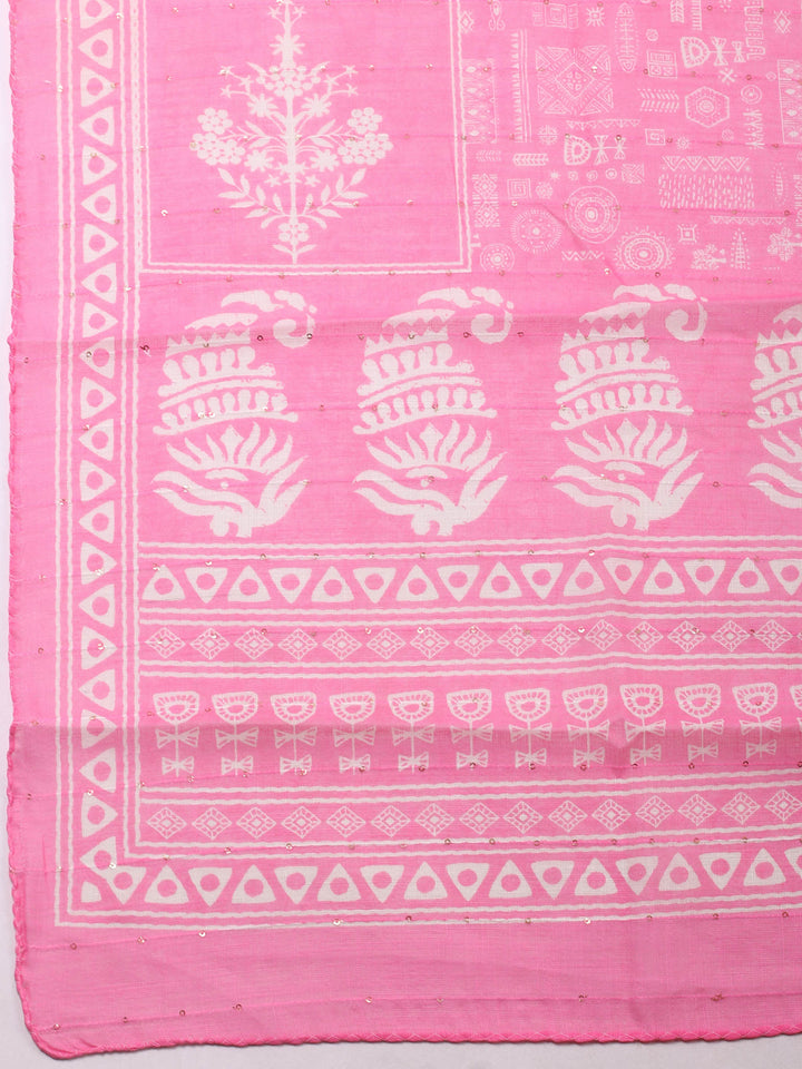Cream-Pink Embroidered Cotton Blend Unstitched Suit &amp; Pant With Cotton Dupatta