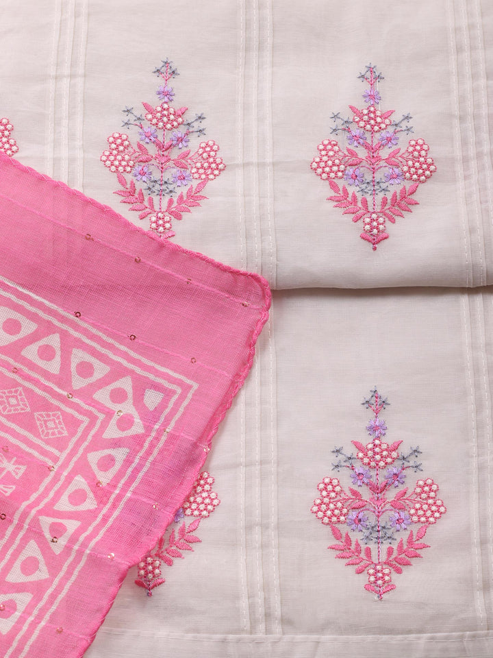 Cream-Pink Embroidered Cotton Blend Unstitched Suit &amp; Pant With Cotton Dupatta
